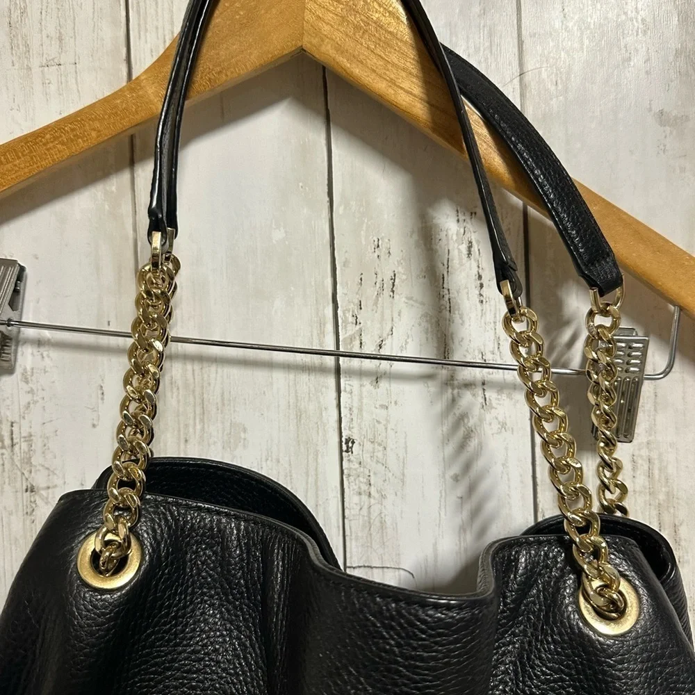 Michael Kors Black Slouchy Pebbled Leather Shoulder Bag with Gold Chain